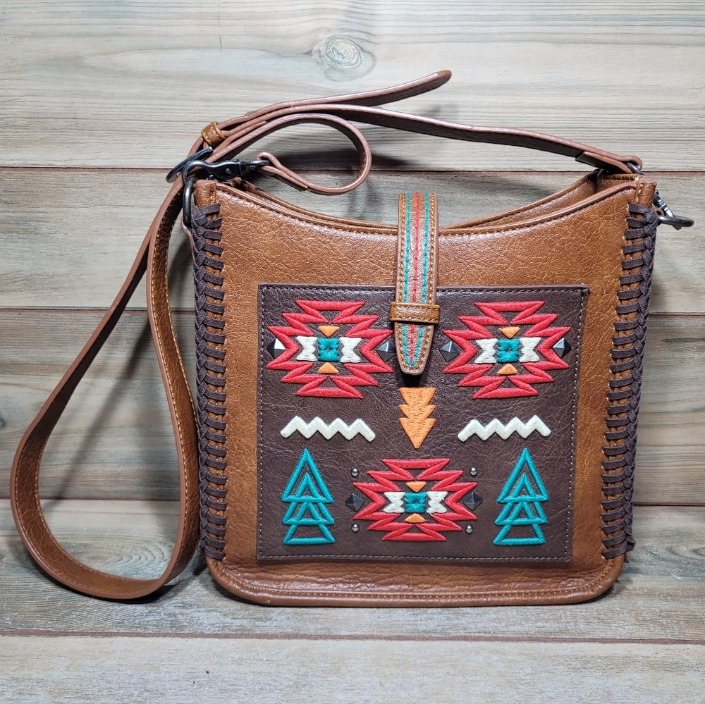 Vintage Wrangler Southwestern Aztec Tribal Leather Cross Body Handbag